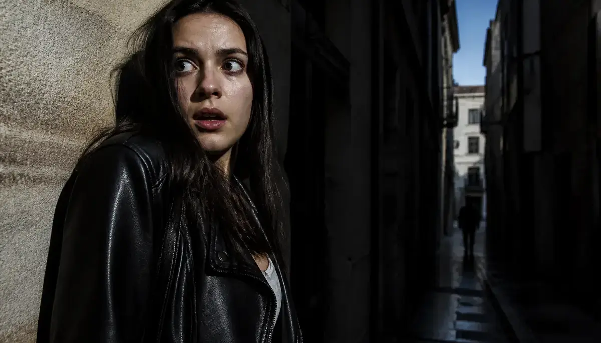 Femme effrayée dans une ruelle sombre évoquant un synonyme de peur palpable