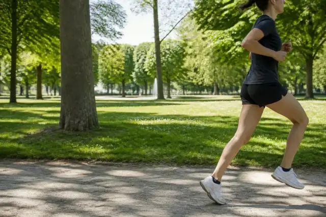 Femme courant activement dans un parc verdoyant pour un exercice rapide synonyme de santé