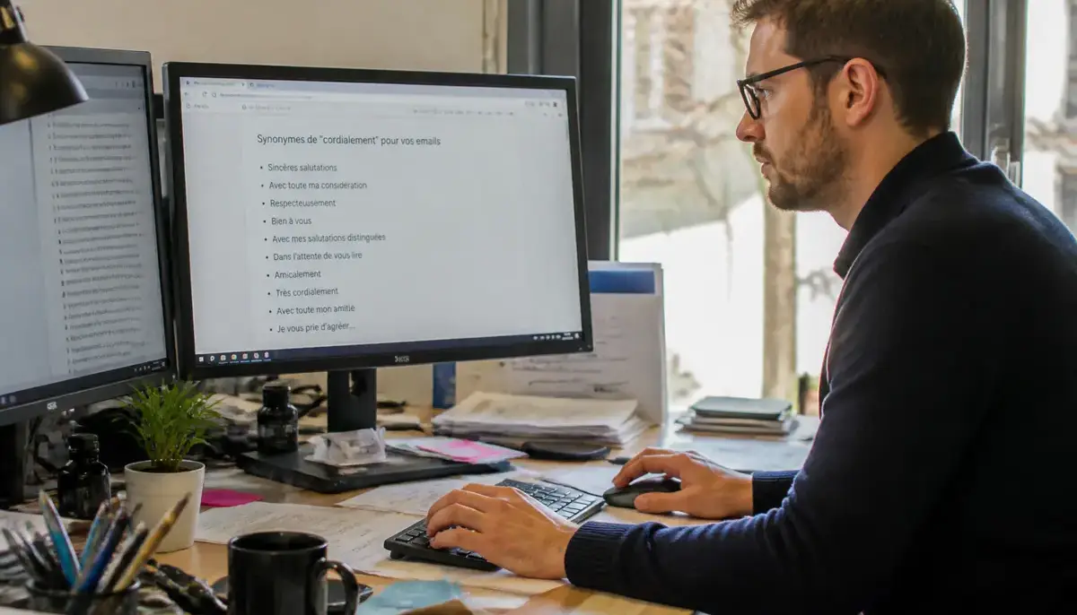 Personne travaillant sur ordinateur, écran affichant des synonymes de "cordialement" pour emails