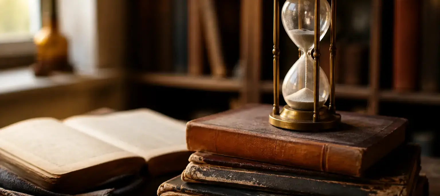 Sablier ancien en laiton posé sur une pile de livres, lumière douce, profondeur de champ faible