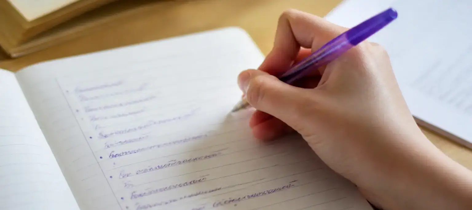 Une liste de consignes écrites à l’encre violette, chaque verbe en tête de ligne